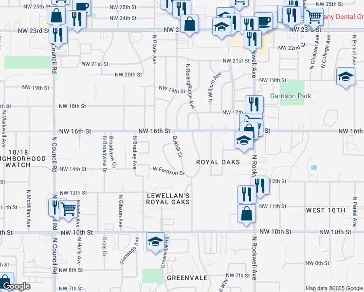 map of restaurants, bars, coffee shops, grocery stores, and more near 1617 North Fordson Drive in Oklahoma City