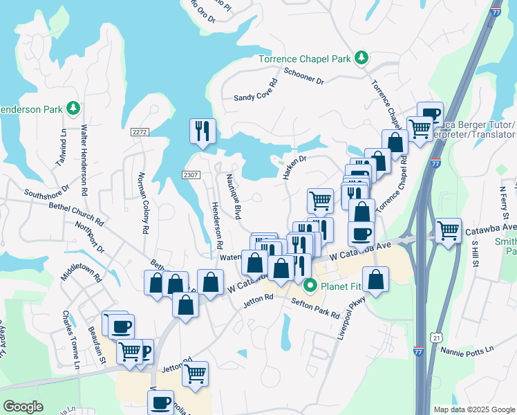 map of restaurants, bars, coffee shops, grocery stores, and more near 19516 Waverunner Lane in Cornelius