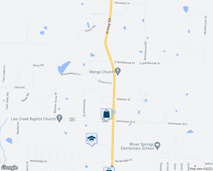 map of restaurants, bars, coffee shops, grocery stores, and more near 23 Circle H Lane in Van Buren