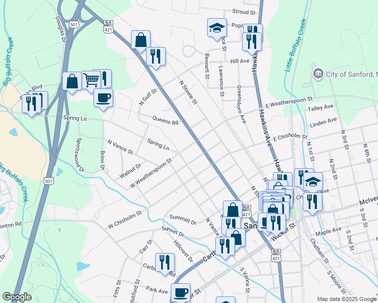 map of restaurants, bars, coffee shops, grocery stores, and more near 310 West Weatherspoon Street in Sanford