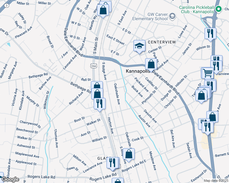 map of restaurants, bars, coffee shops, grocery stores, and more near 804 Oakshade Avenue in Kannapolis