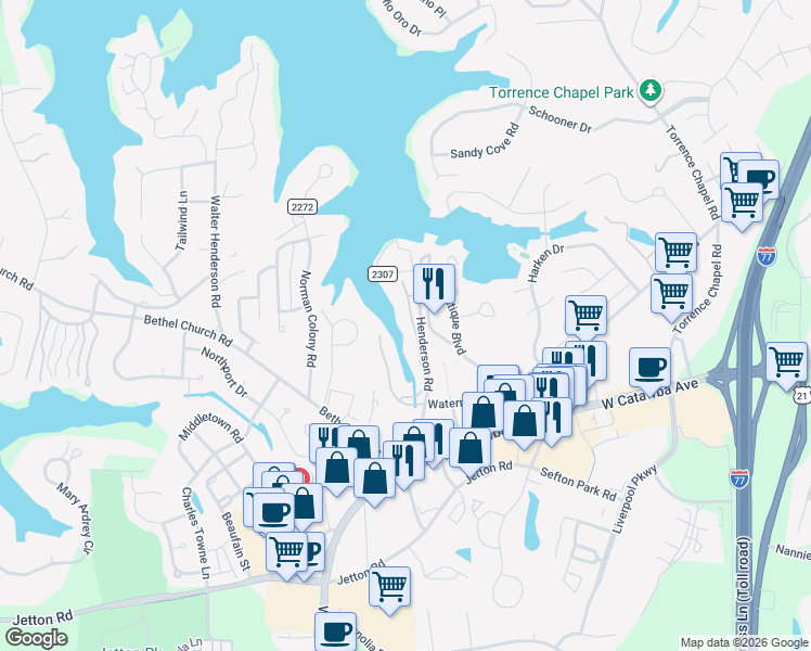 map of restaurants, bars, coffee shops, grocery stores, and more near 20115 Henderson Road in Cornelius