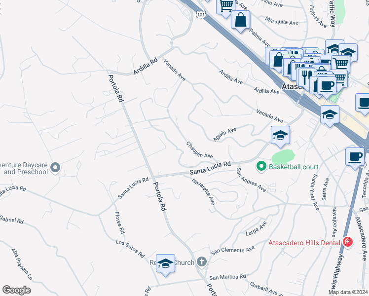 map of restaurants, bars, coffee shops, grocery stores, and more near 5655 Encino Avenue in Atascadero