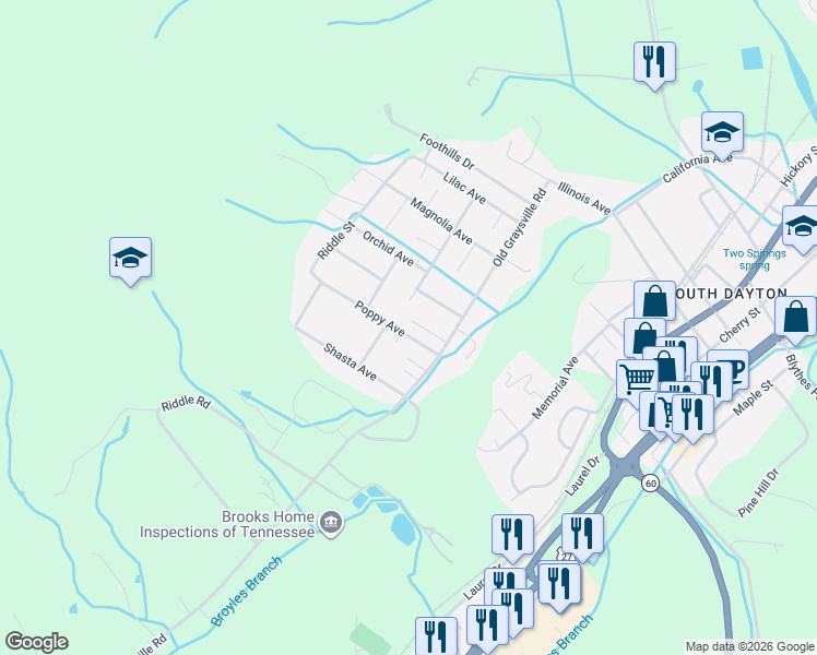 map of restaurants, bars, coffee shops, grocery stores, and more near 198 Mountain Breeze Avenue in Dayton