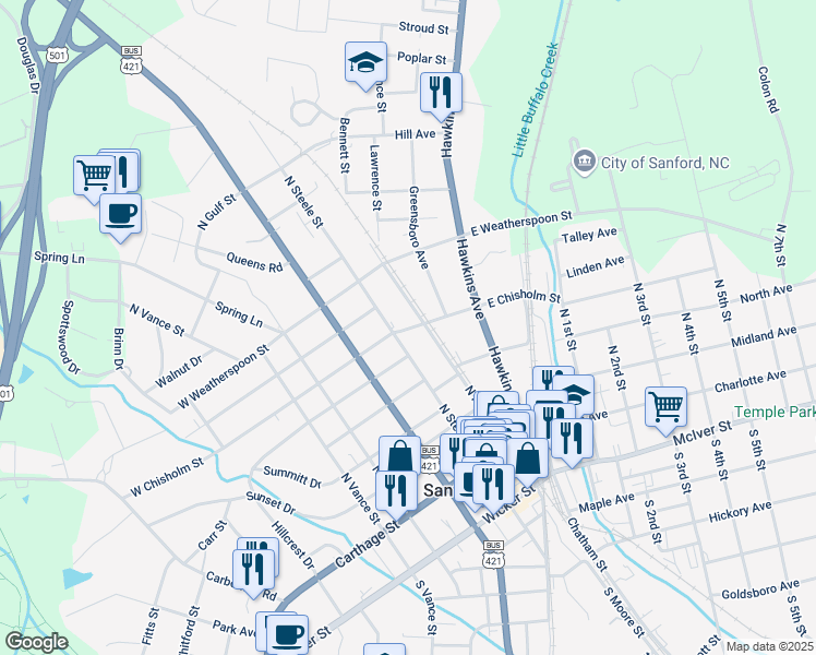 map of restaurants, bars, coffee shops, grocery stores, and more near 102 West Chisholm Street in Sanford