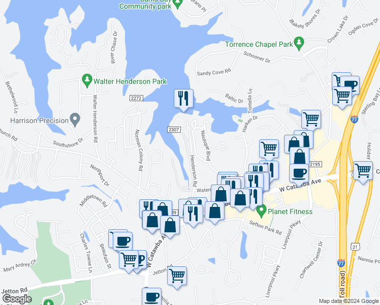 map of restaurants, bars, coffee shops, grocery stores, and more near 21415 Nautique Boulevard in Cornelius