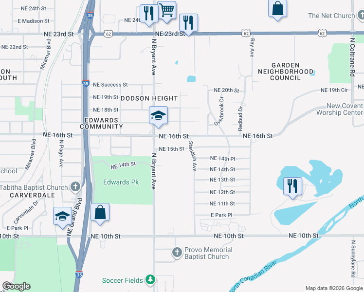 map of restaurants, bars, coffee shops, grocery stores, and more near 3056 Northeast 16th Street in Oklahoma City