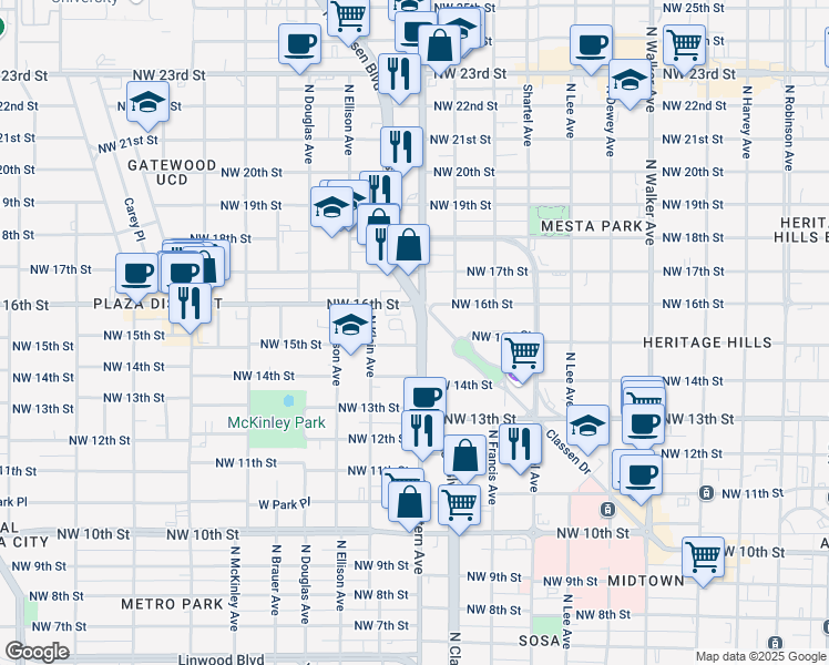 map of restaurants, bars, coffee shops, grocery stores, and more near 1625 North Classen Boulevard in Oklahoma City