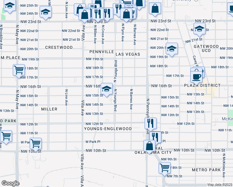 map of restaurants, bars, coffee shops, grocery stores, and more near 1617 North Youngs Boulevard in Oklahoma City