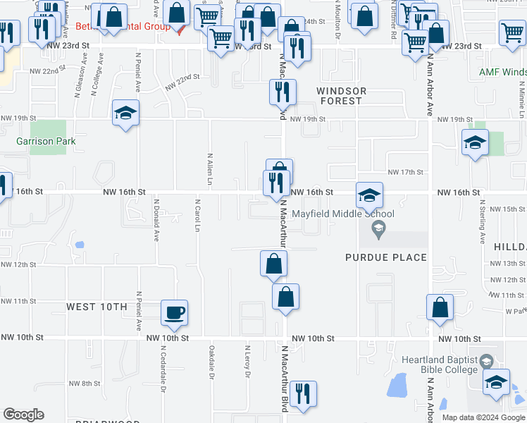 map of restaurants, bars, coffee shops, grocery stores, and more near 1617 North Macarthur Boulevard in Oklahoma City