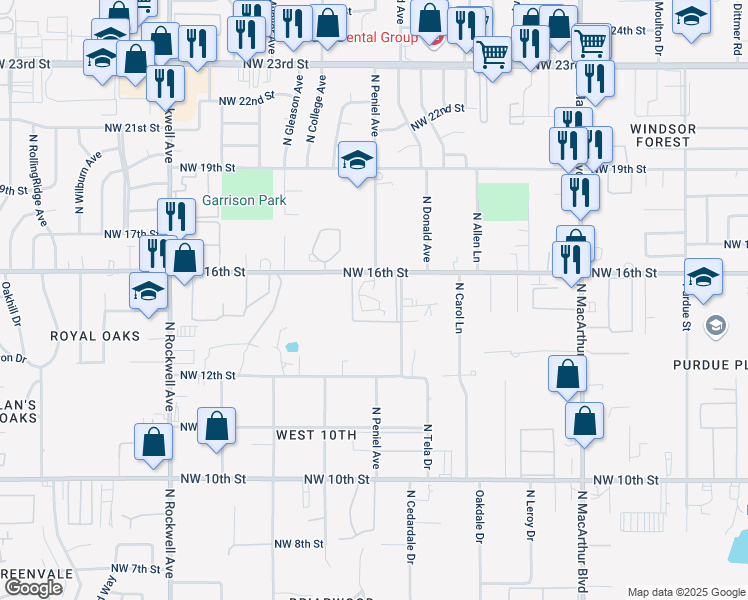 map of restaurants, bars, coffee shops, grocery stores, and more near 6600 Northwest 16th Street in Oklahoma City