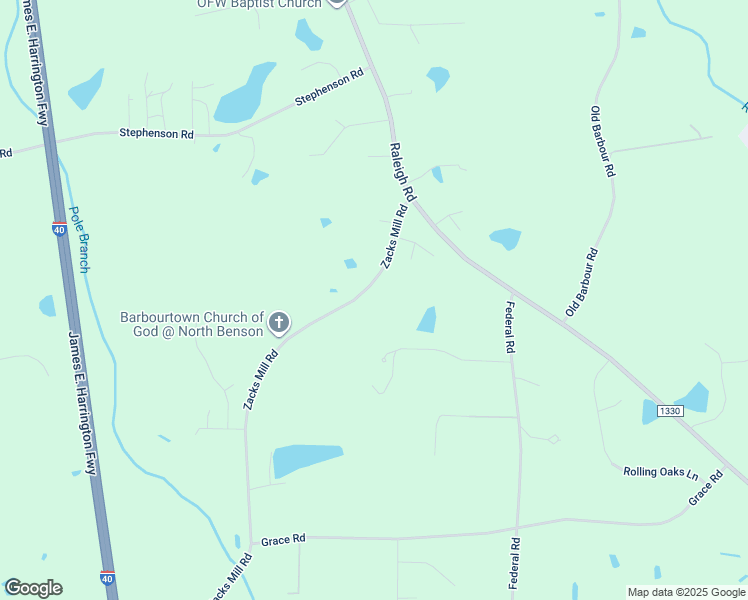 map of restaurants, bars, coffee shops, grocery stores, and more near 279 Zacks Mill Road in Benson