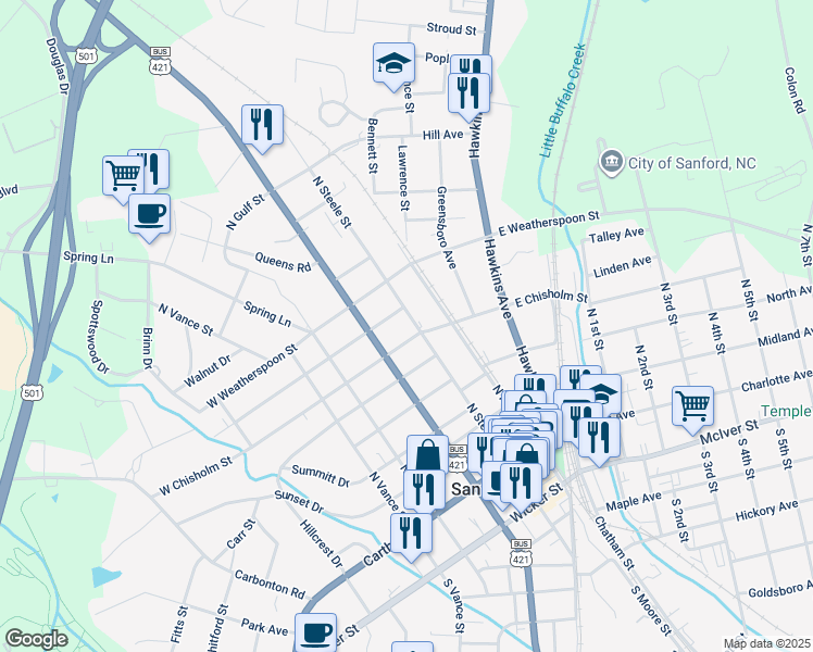 map of restaurants, bars, coffee shops, grocery stores, and more near 405 North Steele Street in Sanford