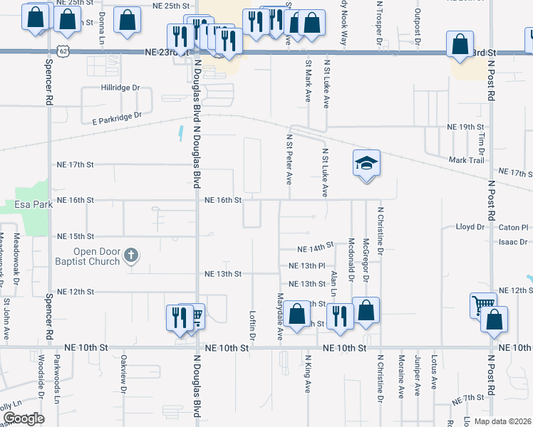 map of restaurants, bars, coffee shops, grocery stores, and more near 1624 Melinda Lane in Midwest City