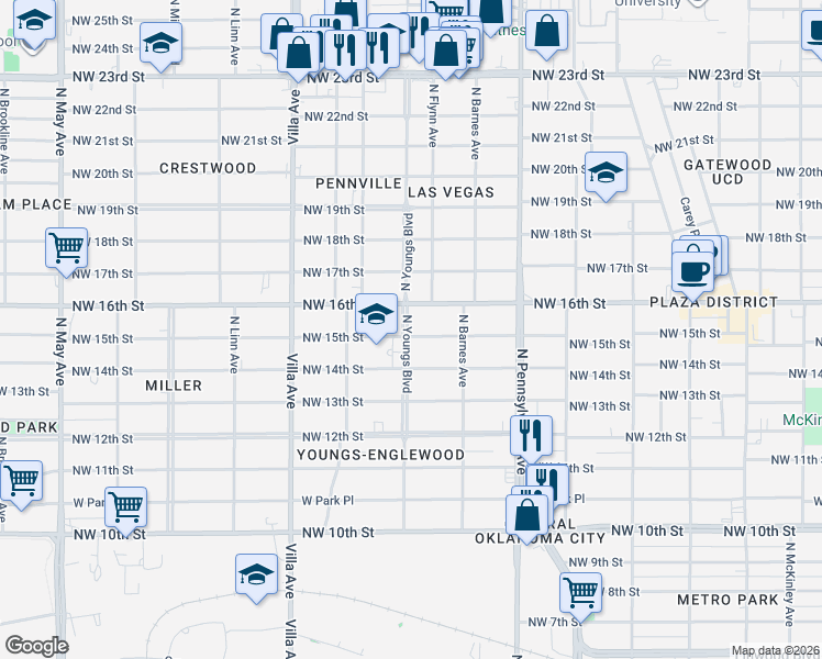 map of restaurants, bars, coffee shops, grocery stores, and more near 1617 North Youngs Boulevard in Oklahoma City