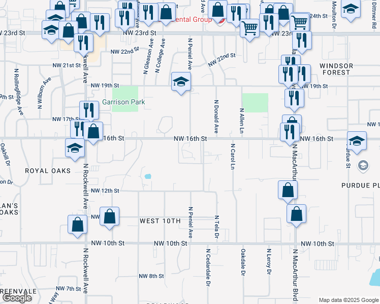 map of restaurants, bars, coffee shops, grocery stores, and more near 6600 Northwest 16th Street in Oklahoma City