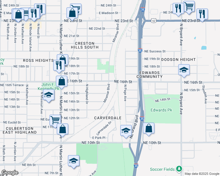 map of restaurants, bars, coffee shops, grocery stores, and more near 2269 Northeast 16th Terrace in Oklahoma City