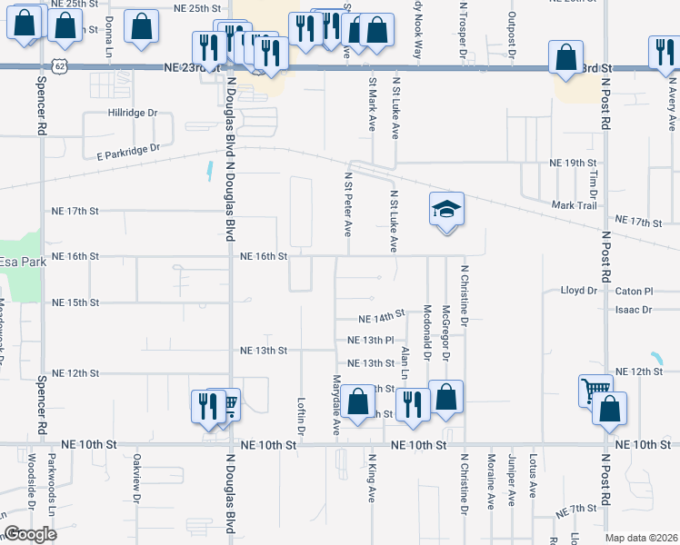 map of restaurants, bars, coffee shops, grocery stores, and more near 9312 Northeast 16th Street in Midwest City