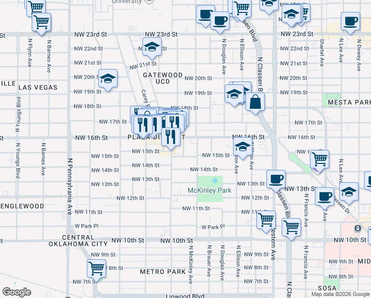 map of restaurants, bars, coffee shops, grocery stores, and more near 1620 North Marion Avenue in Oklahoma City