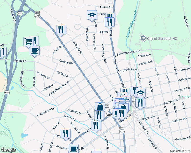 map of restaurants, bars, coffee shops, grocery stores, and more near 405 North Steele Street in Sanford