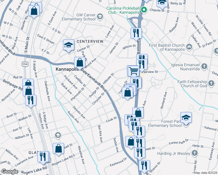 map of restaurants, bars, coffee shops, grocery stores, and more near 604 Hillside Street in Kannapolis