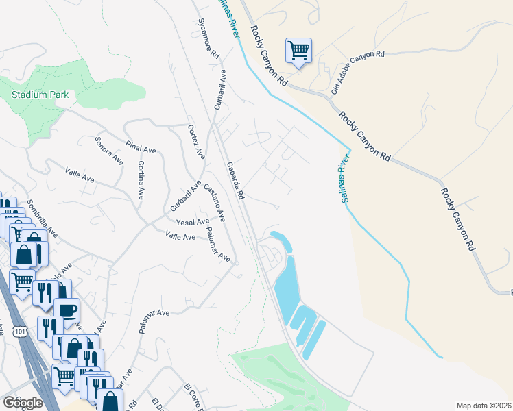 map of restaurants, bars, coffee shops, grocery stores, and more near 7825 Gabarda Road in Atascadero