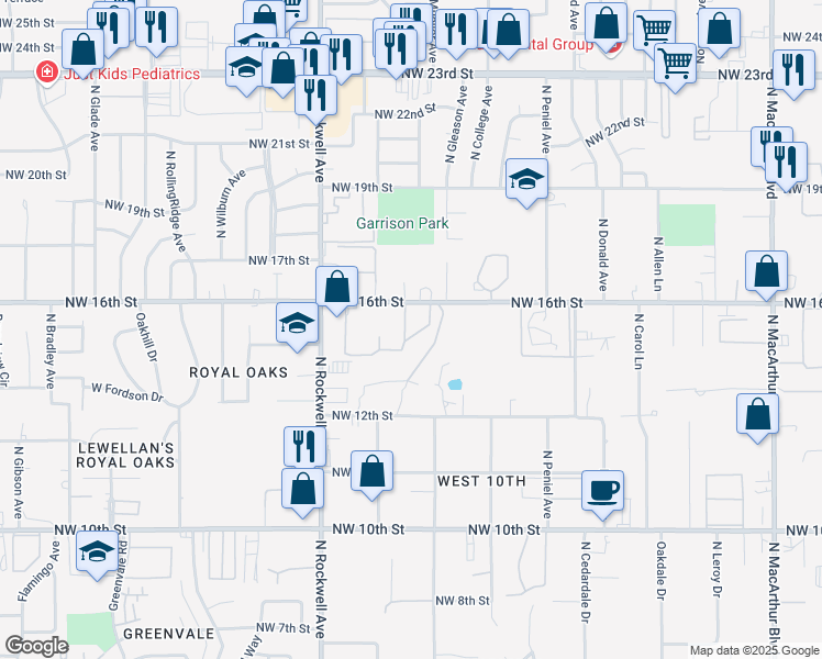 map of restaurants, bars, coffee shops, grocery stores, and more near 6832 Northwest 16th Street in Oklahoma City