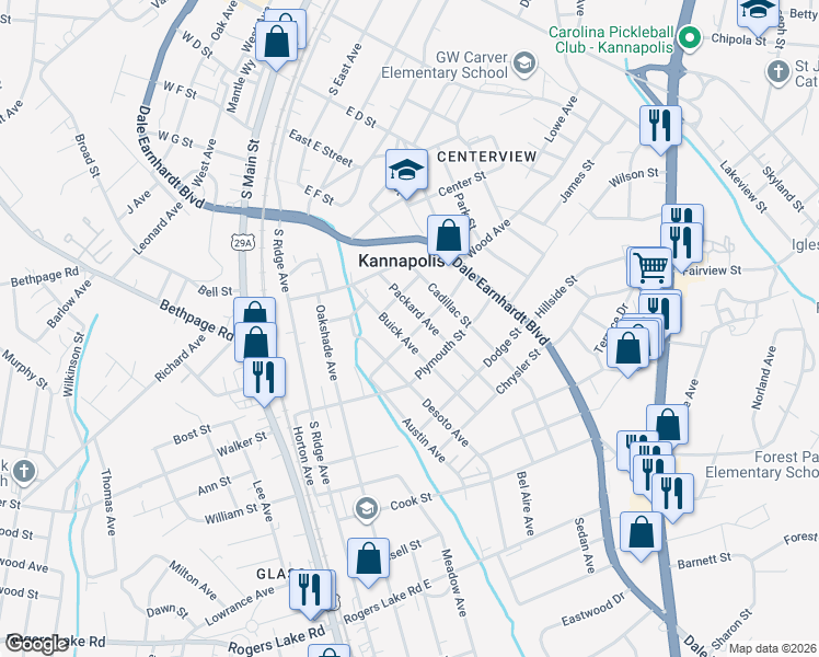 map of restaurants, bars, coffee shops, grocery stores, and more near 805 Buick Avenue in Kannapolis