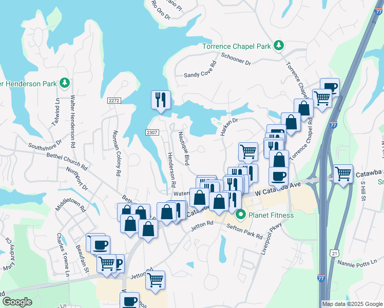 map of restaurants, bars, coffee shops, grocery stores, and more near 21222 Nautique Boulevard in Cornelius