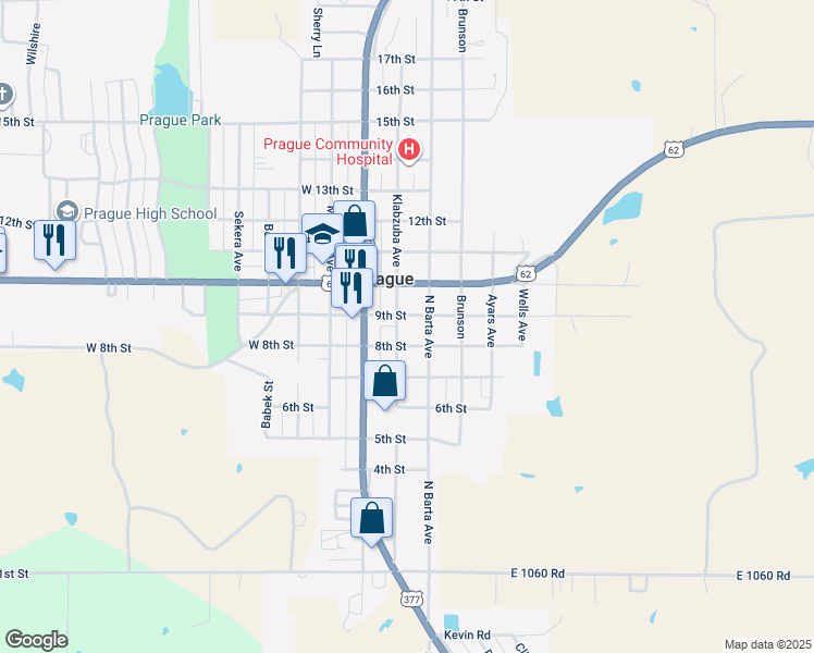 map of restaurants, bars, coffee shops, grocery stores, and more near 722 9th Street in Prague