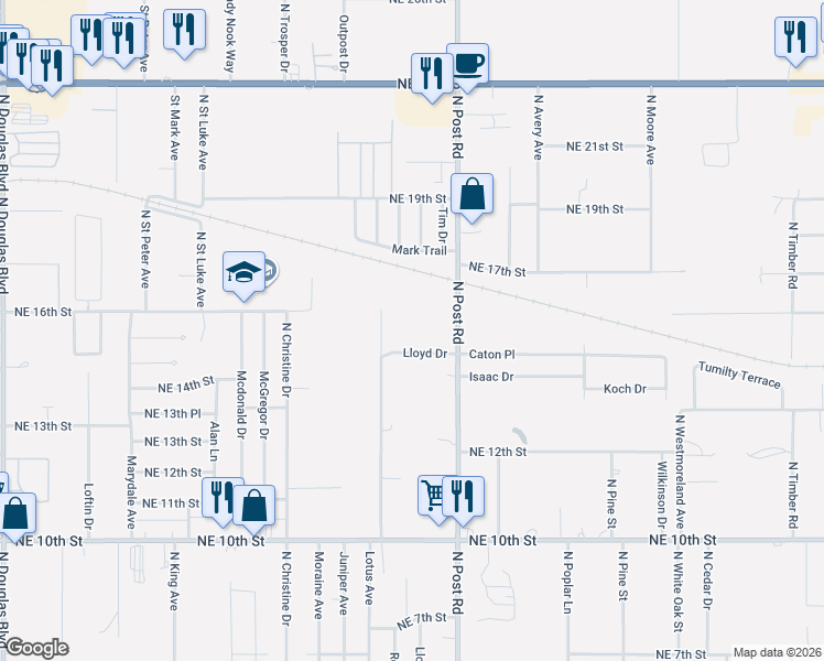 map of restaurants, bars, coffee shops, grocery stores, and more near 9999-9801 Lloyd Drive in Midwest City