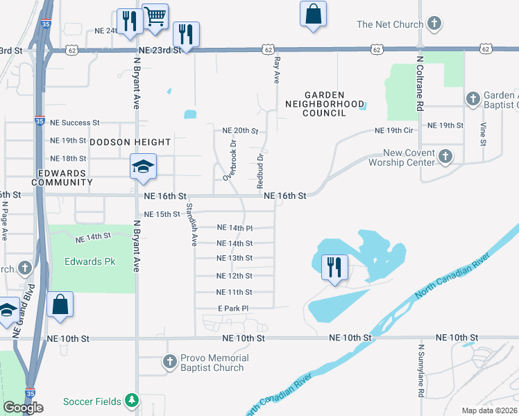 map of restaurants, bars, coffee shops, grocery stores, and more near 3312 Northeast 16th Street in Oklahoma City