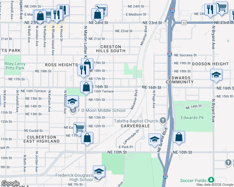map of restaurants, bars, coffee shops, grocery stores, and more near 2137 Northeast 16th Terrace in Oklahoma City