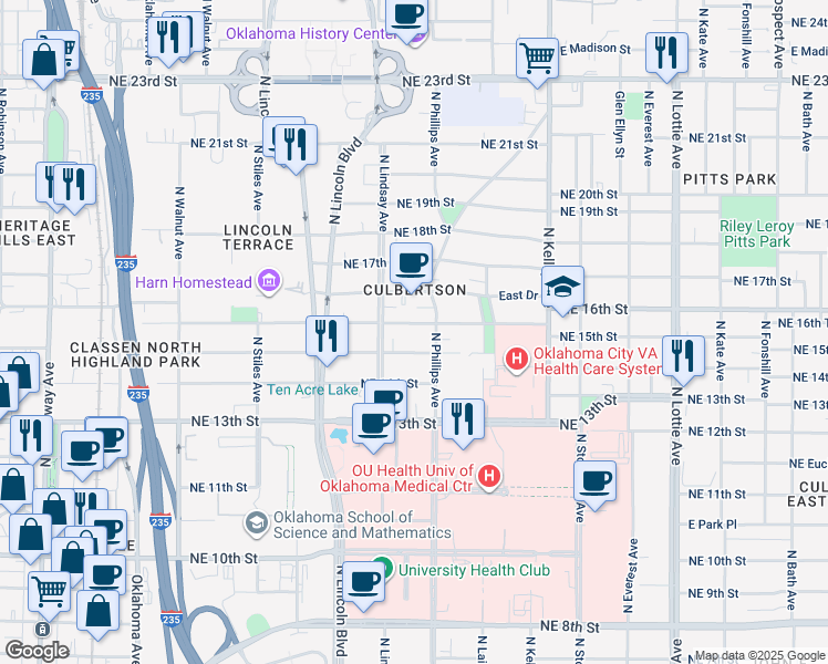 map of restaurants, bars, coffee shops, grocery stores, and more near 716 Northeast 16th Street in Oklahoma City