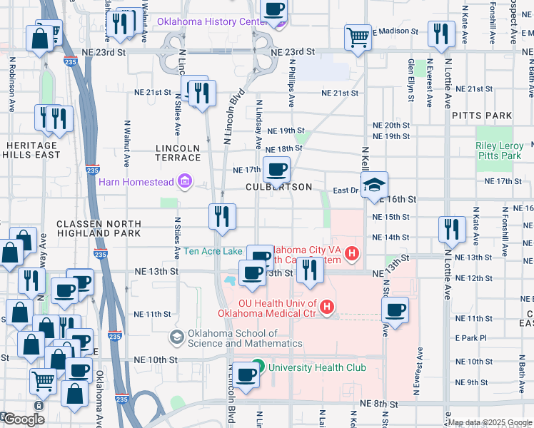 map of restaurants, bars, coffee shops, grocery stores, and more near 716 Northeast 16th Street in Oklahoma City