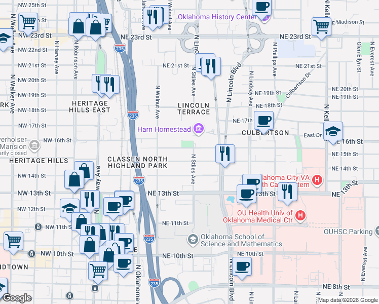 map of restaurants, bars, coffee shops, grocery stores, and more near 331 Northeast 16th Street in Oklahoma City