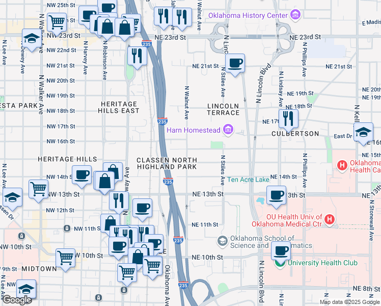 map of restaurants, bars, coffee shops, grocery stores, and more near 145 Northeast 16th Street in Oklahoma City