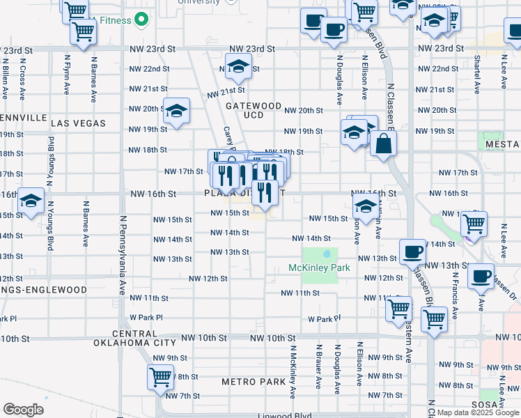 map of restaurants, bars, coffee shops, grocery stores, and more near 1609 North Blackwelder Avenue in Oklahoma City