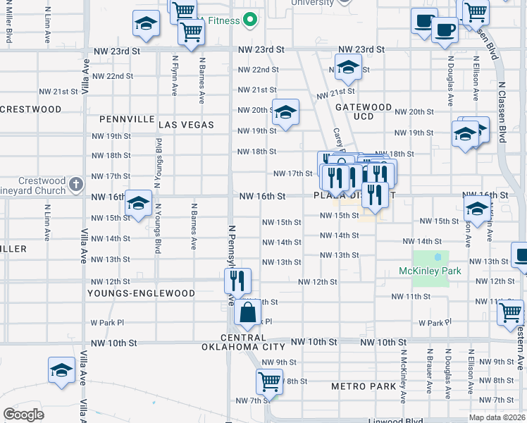 map of restaurants, bars, coffee shops, grocery stores, and more near 1932 Northwest 16th Street in Oklahoma City