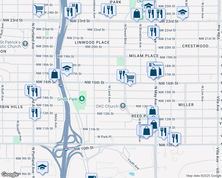 map of restaurants, bars, coffee shops, grocery stores, and more near 1612 North Land Avenue in Oklahoma City