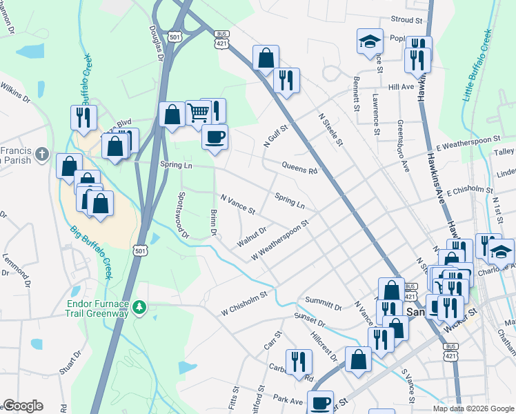 map of restaurants, bars, coffee shops, grocery stores, and more near 706 North Vance Street in Sanford