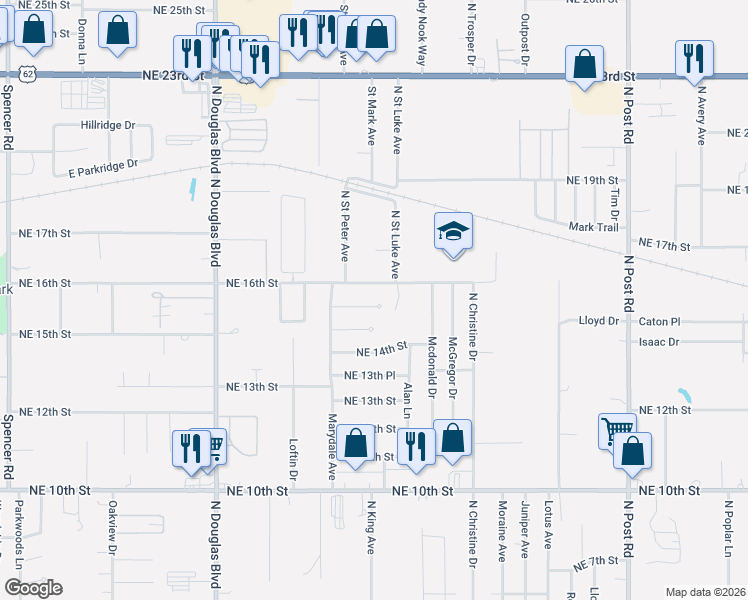 map of restaurants, bars, coffee shops, grocery stores, and more near 9336 Northeast 16th Street in Midwest City