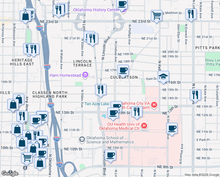 map of restaurants, bars, coffee shops, grocery stores, and more near 629 Northeast 16th Street in Oklahoma City