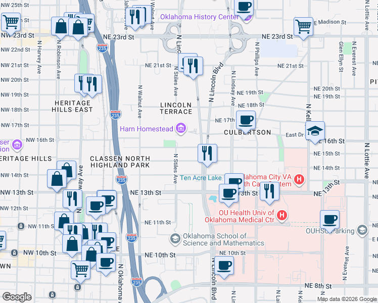 map of restaurants, bars, coffee shops, grocery stores, and more near 423 Northeast 16th Street in Oklahoma City