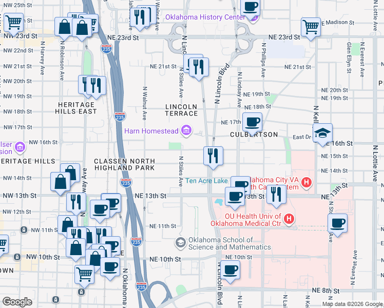 map of restaurants, bars, coffee shops, grocery stores, and more near 423 Northeast 16th Street in Oklahoma City