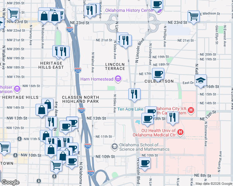 map of restaurants, bars, coffee shops, grocery stores, and more near 331 Northeast 16th Street in Oklahoma City
