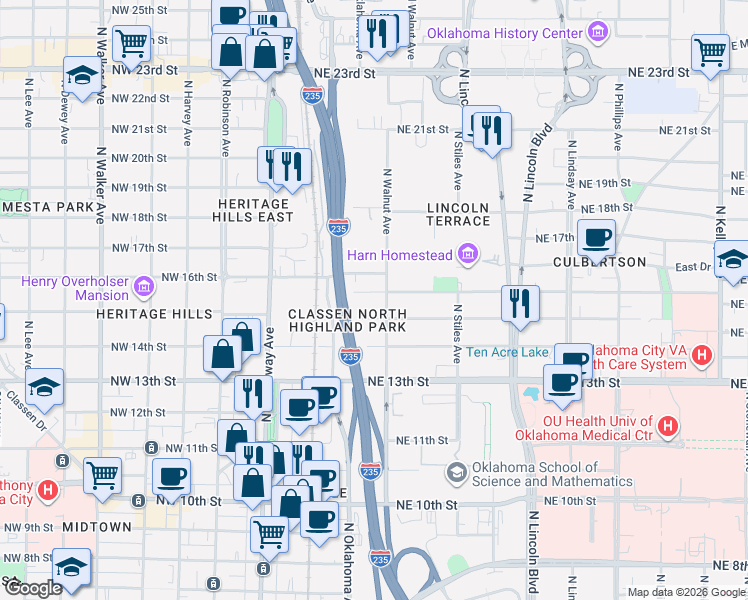 map of restaurants, bars, coffee shops, grocery stores, and more near 145 Northeast 16th Street in Oklahoma City