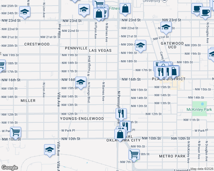 map of restaurants, bars, coffee shops, grocery stores, and more near 2138 Northwest 16th Street in Oklahoma City