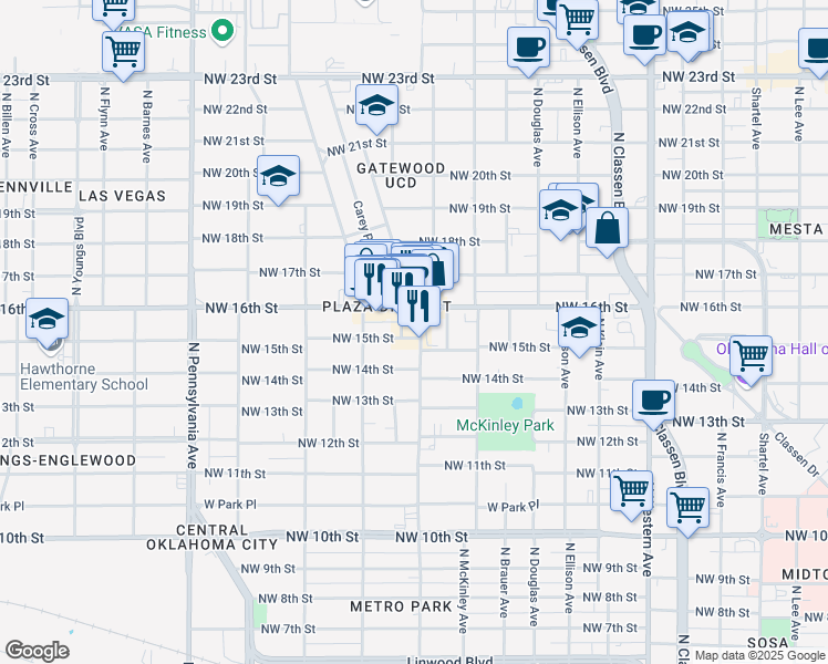 map of restaurants, bars, coffee shops, grocery stores, and more near 1609 North Blackwelder Avenue in Oklahoma City