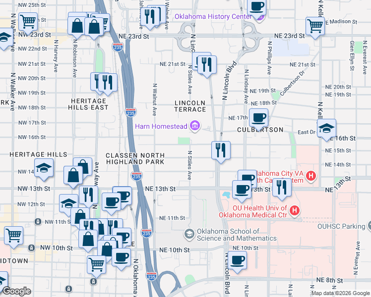 map of restaurants, bars, coffee shops, grocery stores, and more near 331 Northeast 16th Street in Oklahoma City